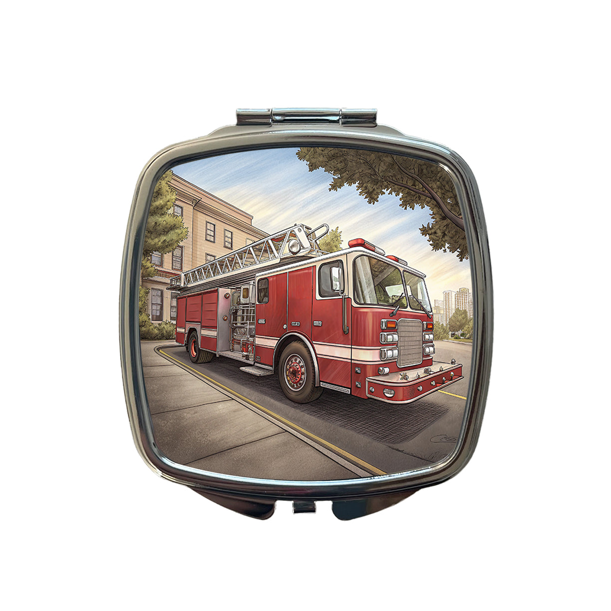 Fire Engine Firefighter Ladder Truck Small Travel Purse Handbag Pocket Makeup Compact Mirror
