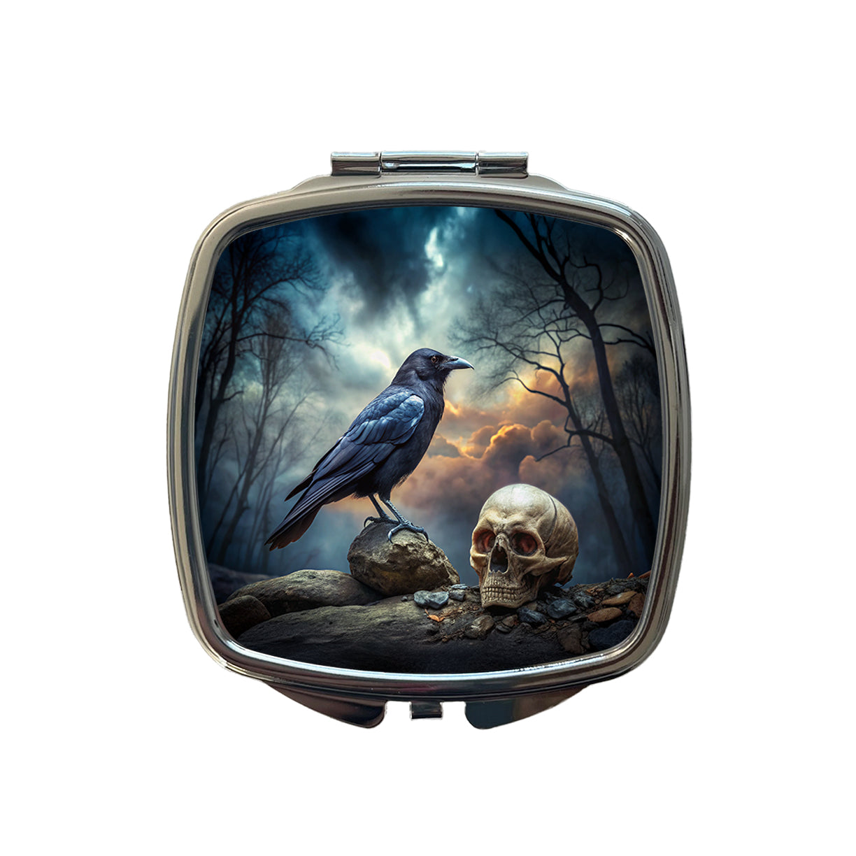 Gothic Raven Death Skull Halloween Small Travel Purse Handbag Pocket Makeup Compact Mirror
