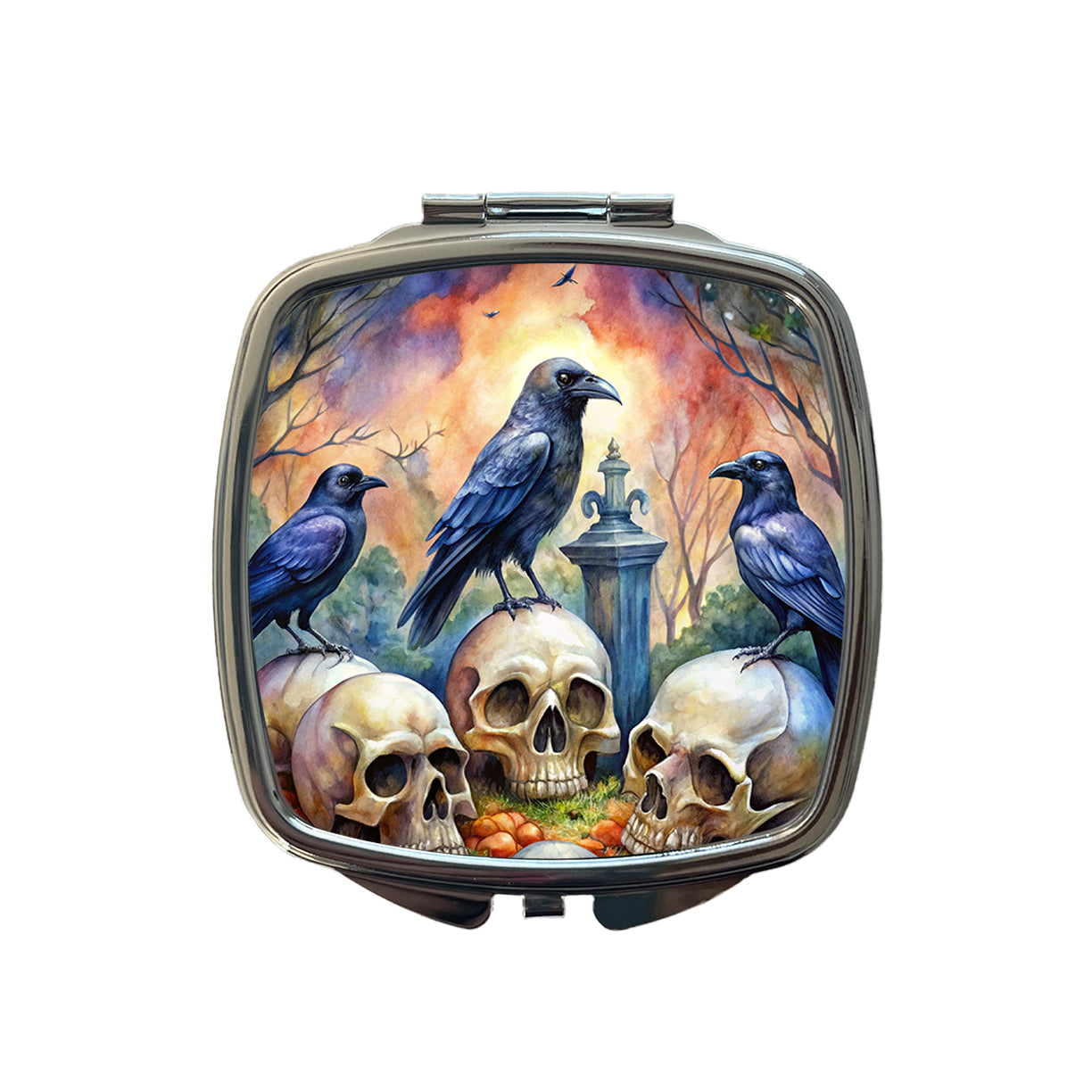 Gothic Raven Death Skulls Watercolor Small Travel Purse Handbag Pocket Makeup Compact Mirror