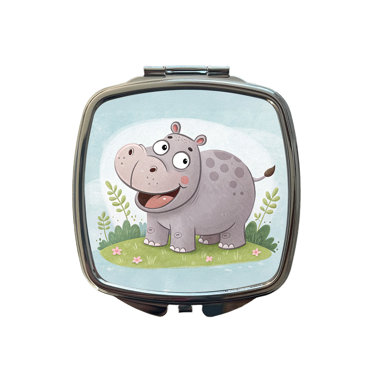 Hippo Children's Illustration Style Small Travel Purse Handbag Pocket Makeup Compact Mirror