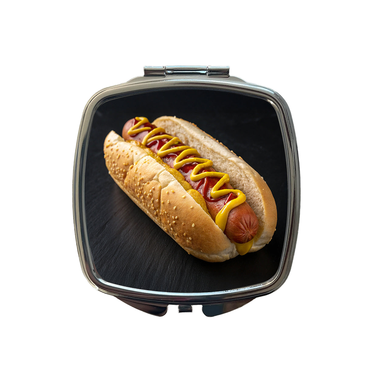 Hot Dog In Bun With Mustard and Ketchup Small Travel Purse Handbag Pocket Makeup Compact Mirror