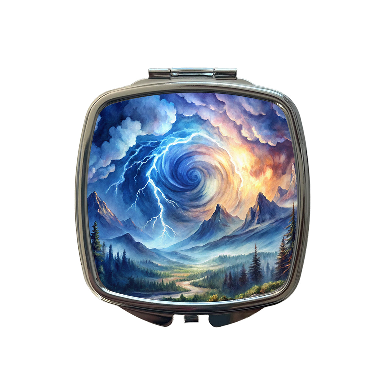 Hurricane and Lightning At Night in the Mountains Watercolor Small Travel Purse Handbag Pocket Makeup Compact Mirror