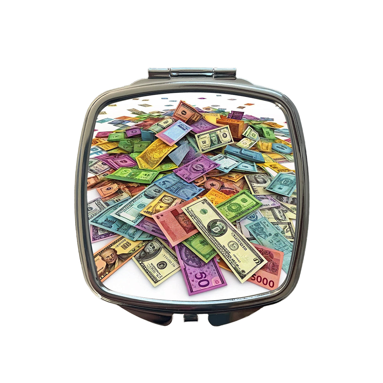 Lots of Colorful Money Monetary Bills Small Travel Purse Handbag Pocket Makeup Compact Mirror