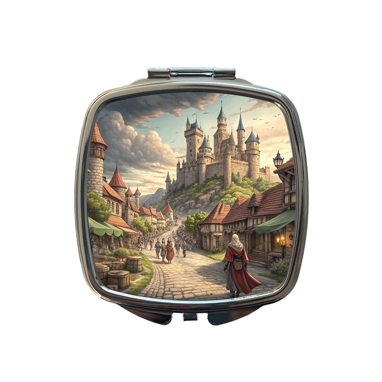 Medieval Kingdom Village with Castle Small Travel Purse Handbag Pocket Makeup Compact Mirror