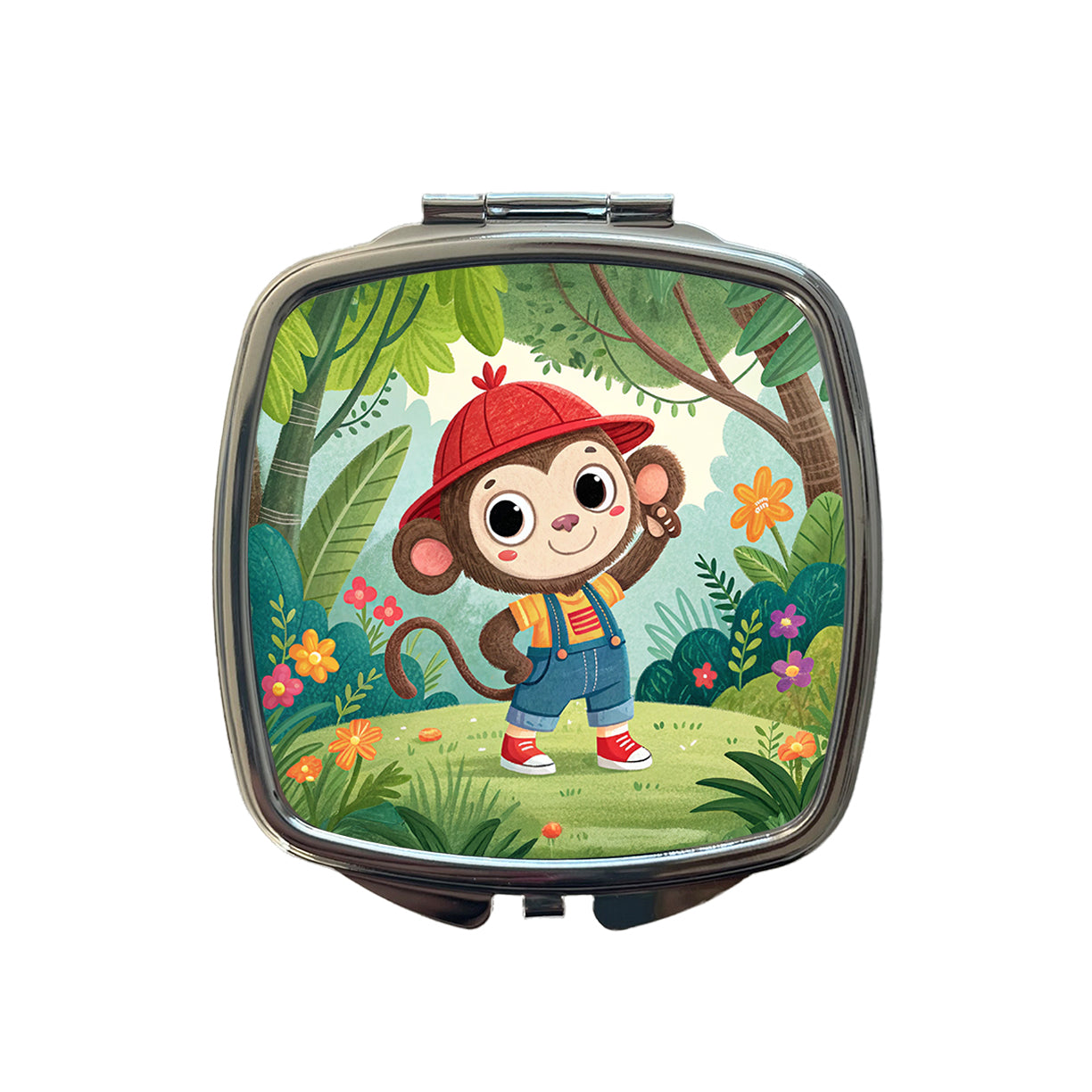Monkey Children's Illustration Style Small Travel Purse Handbag Pocket Makeup Compact Mirror
