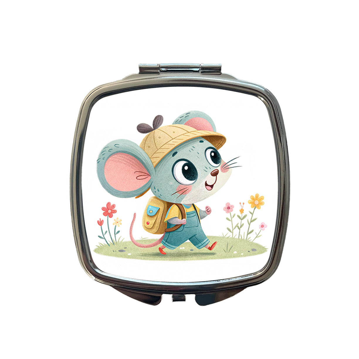 Mouse Children's Illustration Style Small Travel Purse Handbag Pocket Makeup Compact Mirror