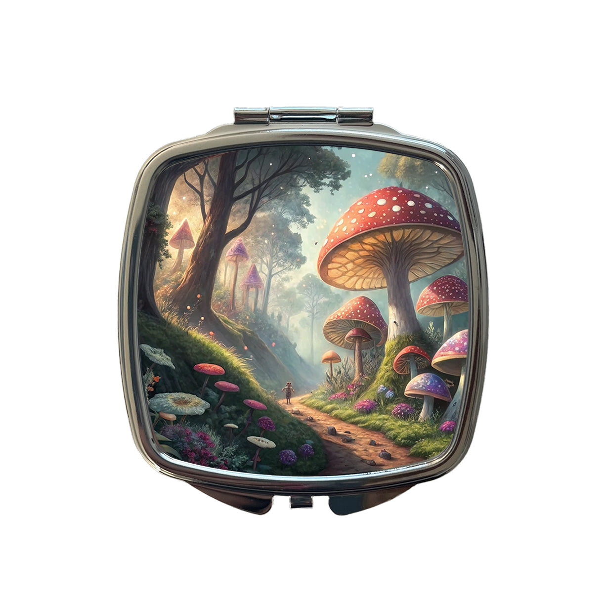 Mushroom Forest Anime Style Fantasy Small Travel Purse Handbag Pocket Makeup Compact Mirror