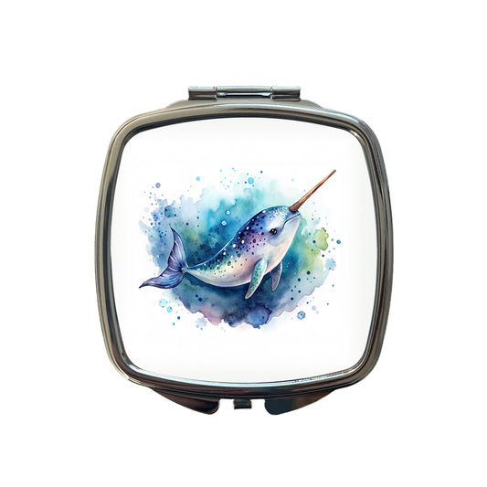 Narwhal Swimming Unicorn of the Sea Watercolor Small Travel Purse Handbag Pocket Makeup Compact Mirror