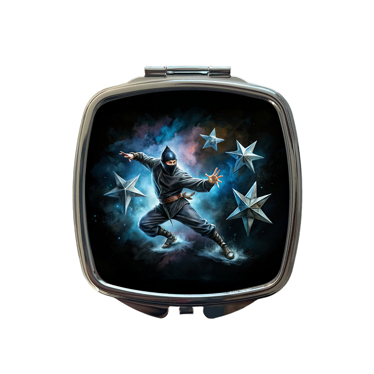 Ninja Warrior Throwing Stars Black Watercolor Small Travel Purse Handbag Pocket Makeup Compact Mirror