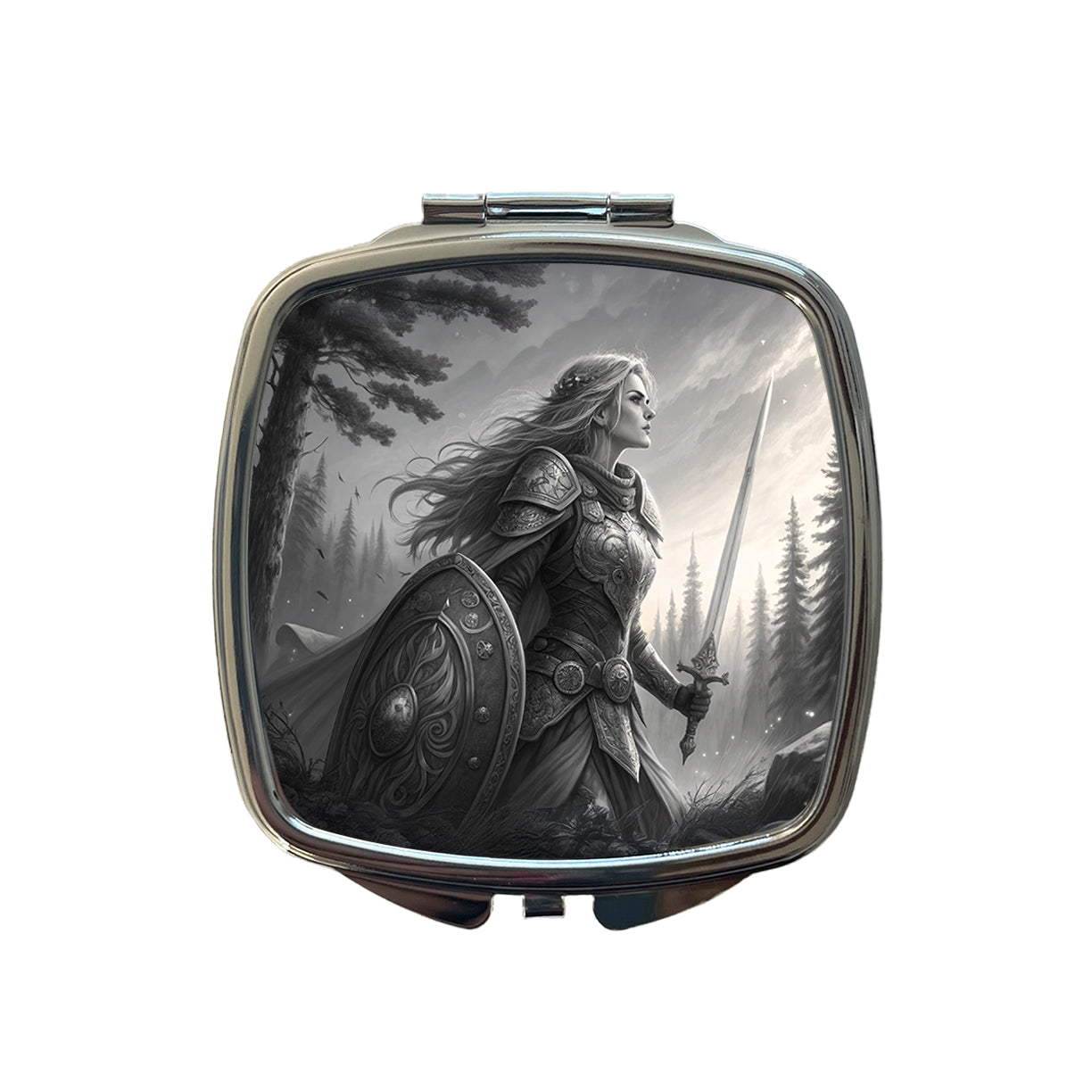 Nordic Viking Fantasy Woman Warrior Black And White Small Travel Purse Handbag Pocket Makeup Compact Mirror
