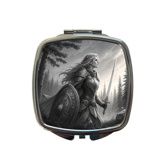 Nordic Viking Fantasy Woman Warrior Black And White Small Travel Purse Handbag Pocket Makeup Compact Mirror