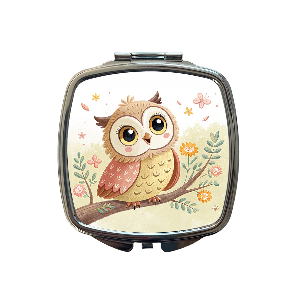 Owl Children's Illustration Style Small Travel Purse Handbag Pocket Makeup Compact Mirror