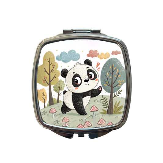 Panda Children's Illustration Style Small Travel Purse Handbag Pocket Makeup Compact Mirror