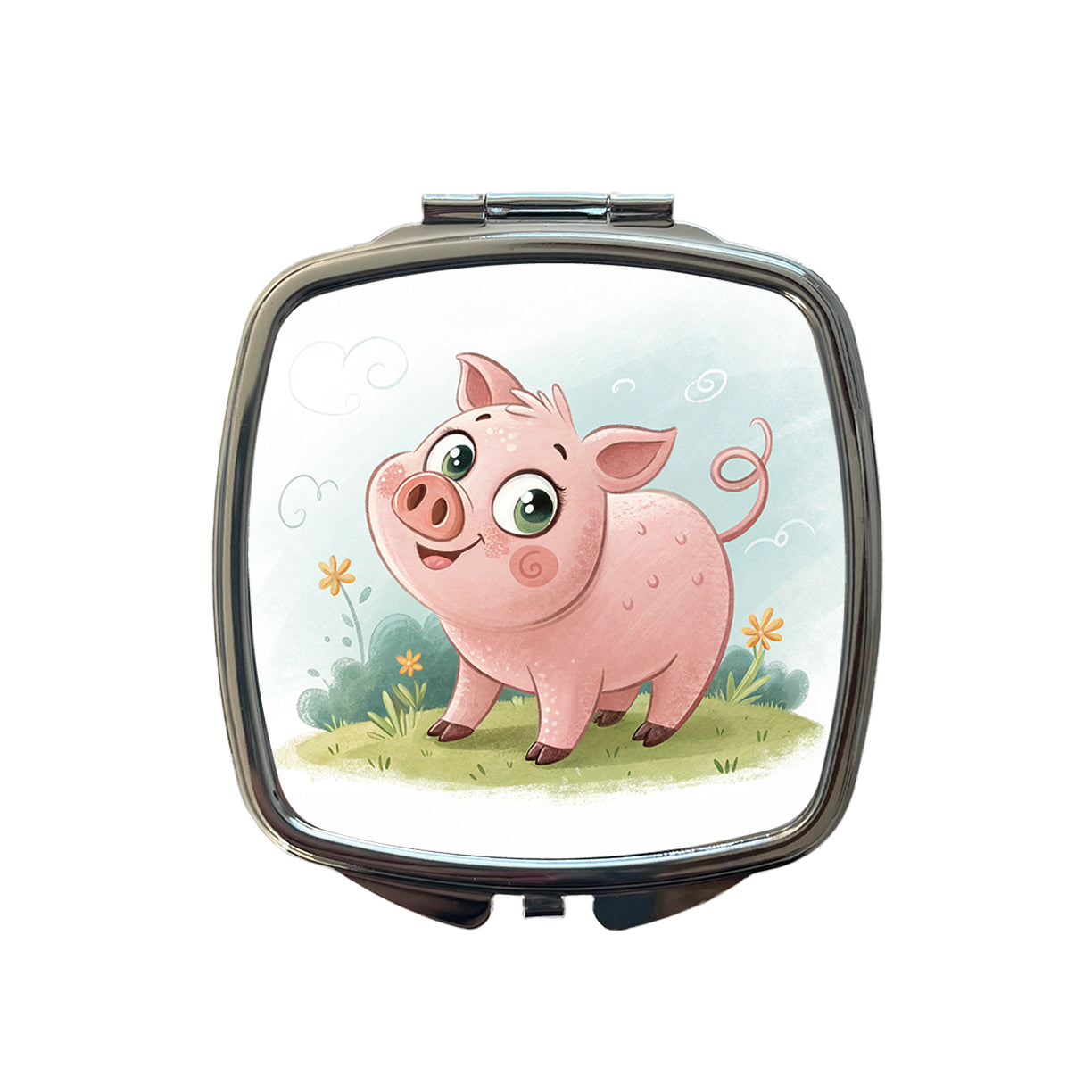 Pig Children's Illustration Style Small Travel Purse Handbag Pocket Makeup Compact Mirror