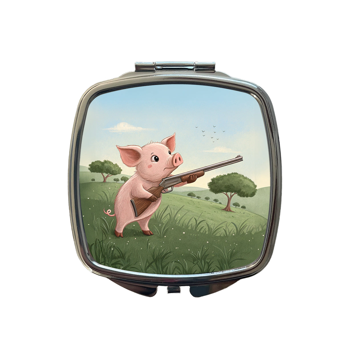 Pink Pig With A Shotgun Small Travel Purse Handbag Pocket Makeup Compact Mirror