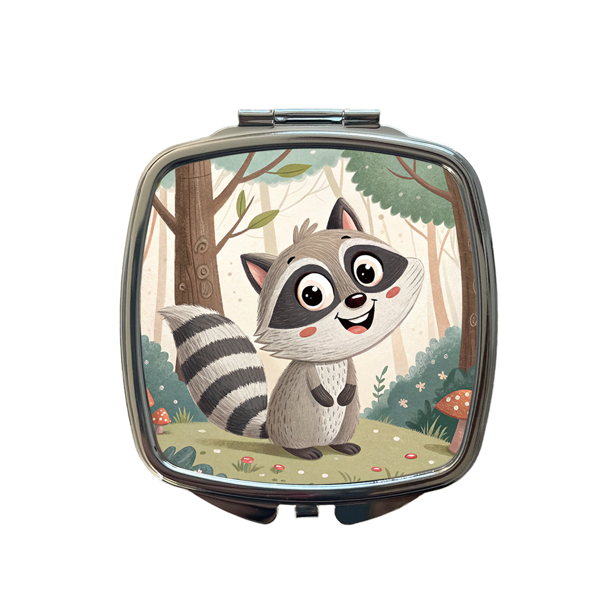 Raccoon Children's Illustration Style Small Travel Purse Handbag Pocket Makeup Compact Mirror