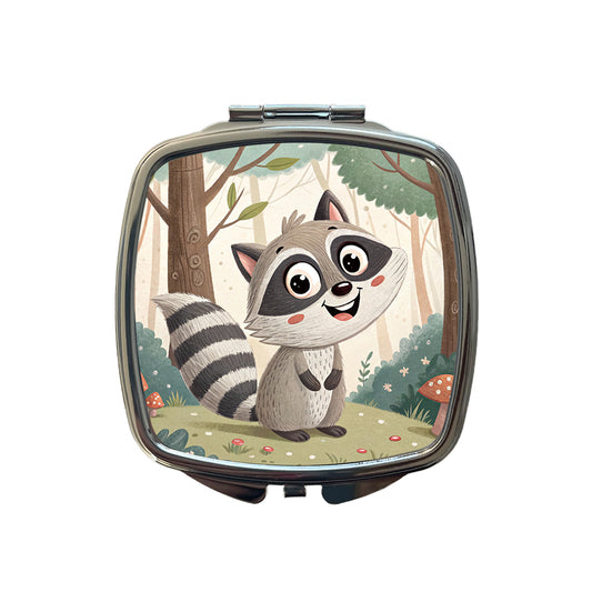 Raccoon Children's Illustration Style Small Travel Purse Handbag Pocket Makeup Compact Mirror