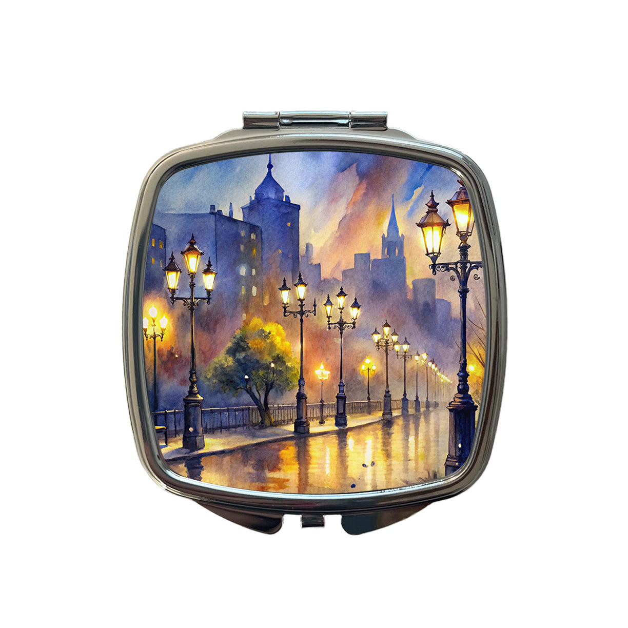 Raining In The City At Night Watercolor Small Travel Purse Handbag Pocket Makeup Compact Mirror