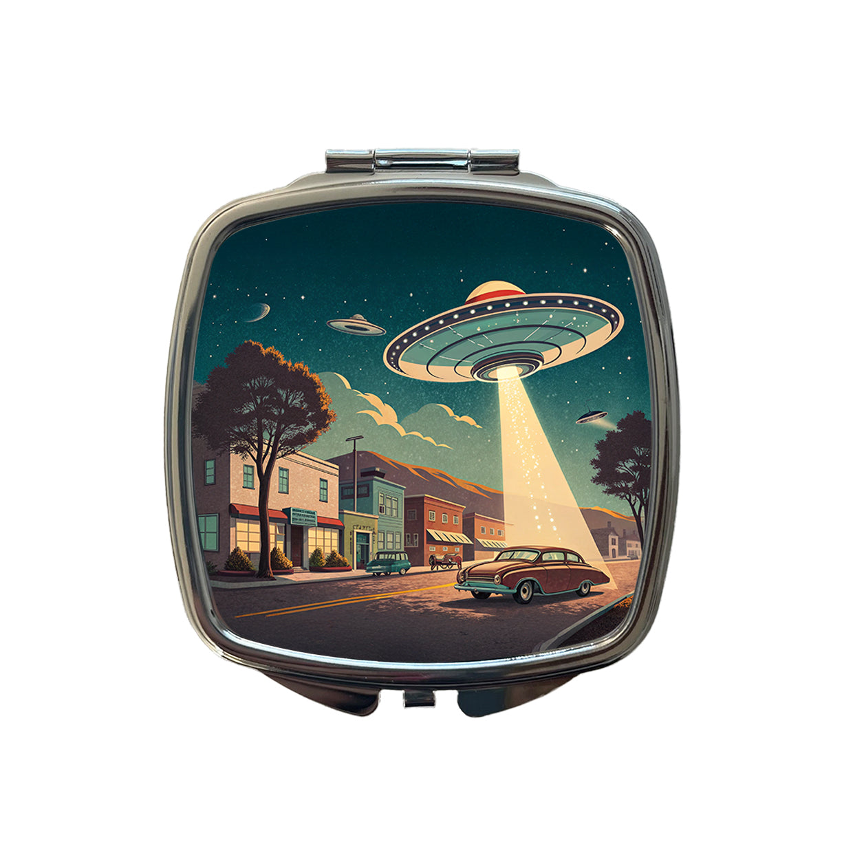 Retro Sci-fi 50's Poster Art Flying Saucer Small Travel Purse Handbag Pocket Makeup Compact Mirror