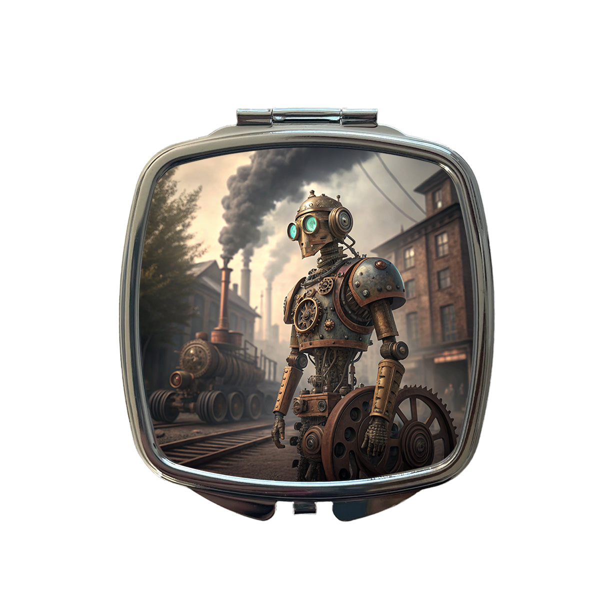Retro Steampunk Factory Robot Android Small Travel Purse Handbag Pocket Makeup Compact Mirror