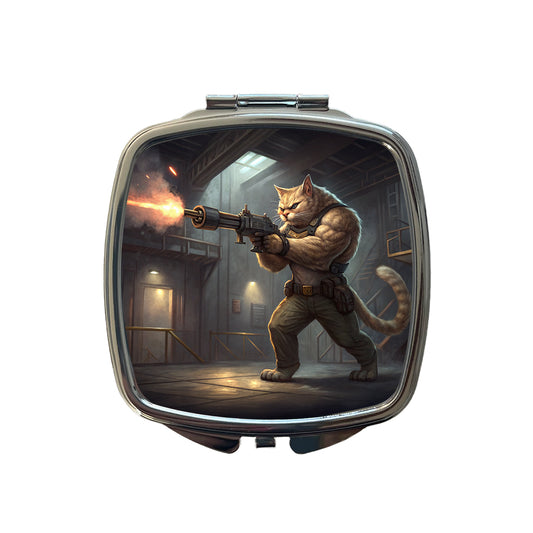 Sci-fi Action Hero Cat Shooting A Machine Gun Small Travel Purse Handbag Pocket Makeup Compact Mirror