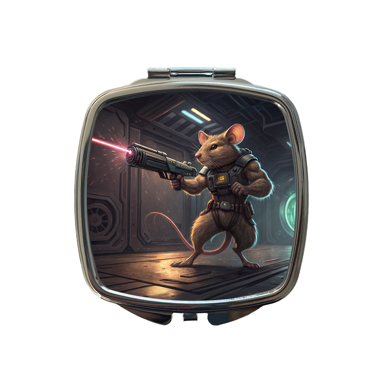 Sci-fi Action Hero Mouse With Laser Gun Small Travel Purse Handbag Pocket Makeup Compact Mirror