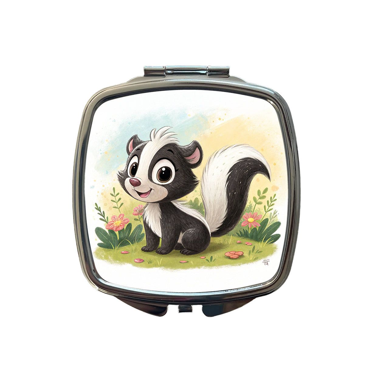 Skunk Children's Illustration Style Small Travel Purse Handbag Pocket Makeup Compact Mirror