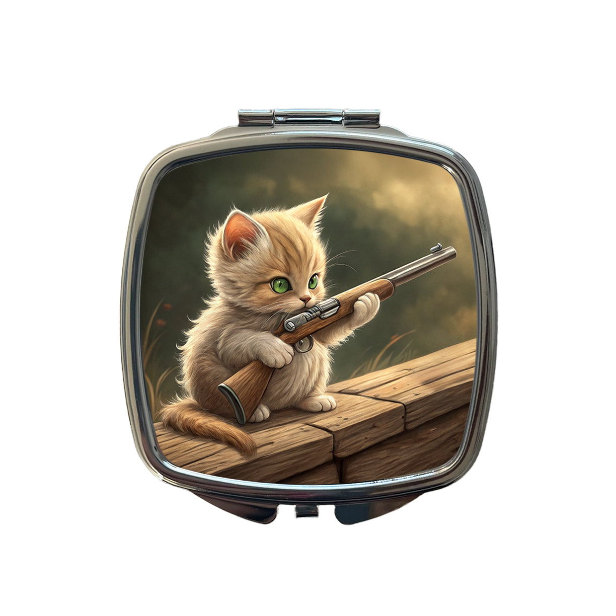Small Cute Fuzzy Cat Kitten with a Shotgun Funny Small Travel Purse Handbag Pocket Makeup Compact Mirror