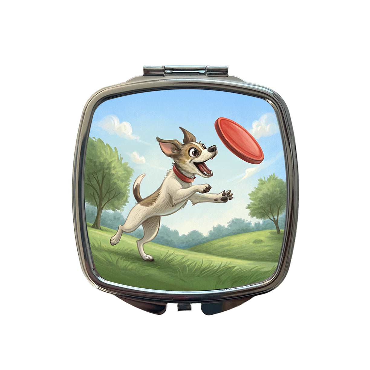 Small Dog Catching a Flying Disc Small Travel Purse Handbag Pocket Makeup Compact Mirror