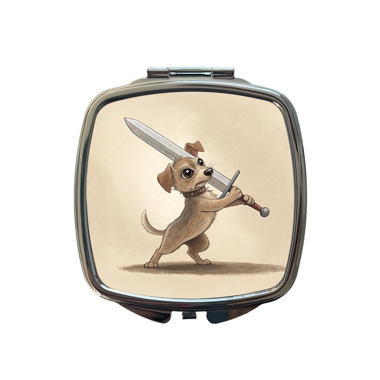 Small Dog Wielding a Large Sword Funny Fantasy Small Travel Purse Handbag Pocket Makeup Compact Mirror