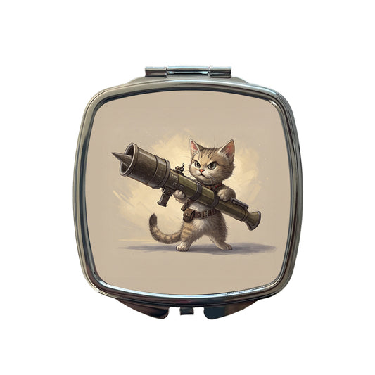 Small Fuzzy Cat Kitten with a Rocket Launcher Funny Small Travel Purse Handbag Pocket Makeup Compact Mirror