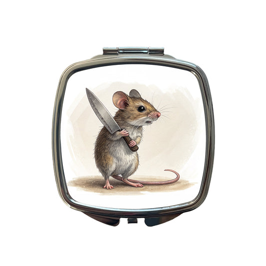 Small Mouse Holding A Butcher Knife Funny Scary Halloween Small Travel Purse Handbag Pocket Makeup Compact Mirror