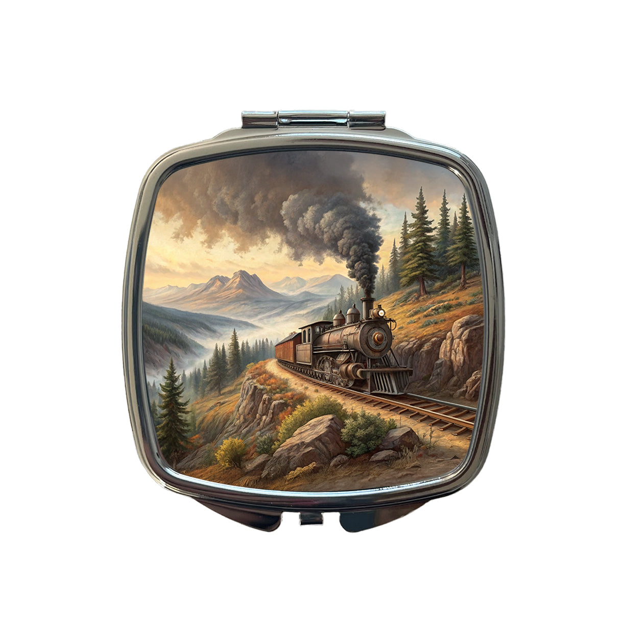 Steam Locomotive Coming Around The Mountain Old West Western Small Travel Purse Handbag Pocket Makeup Compact Mirror
