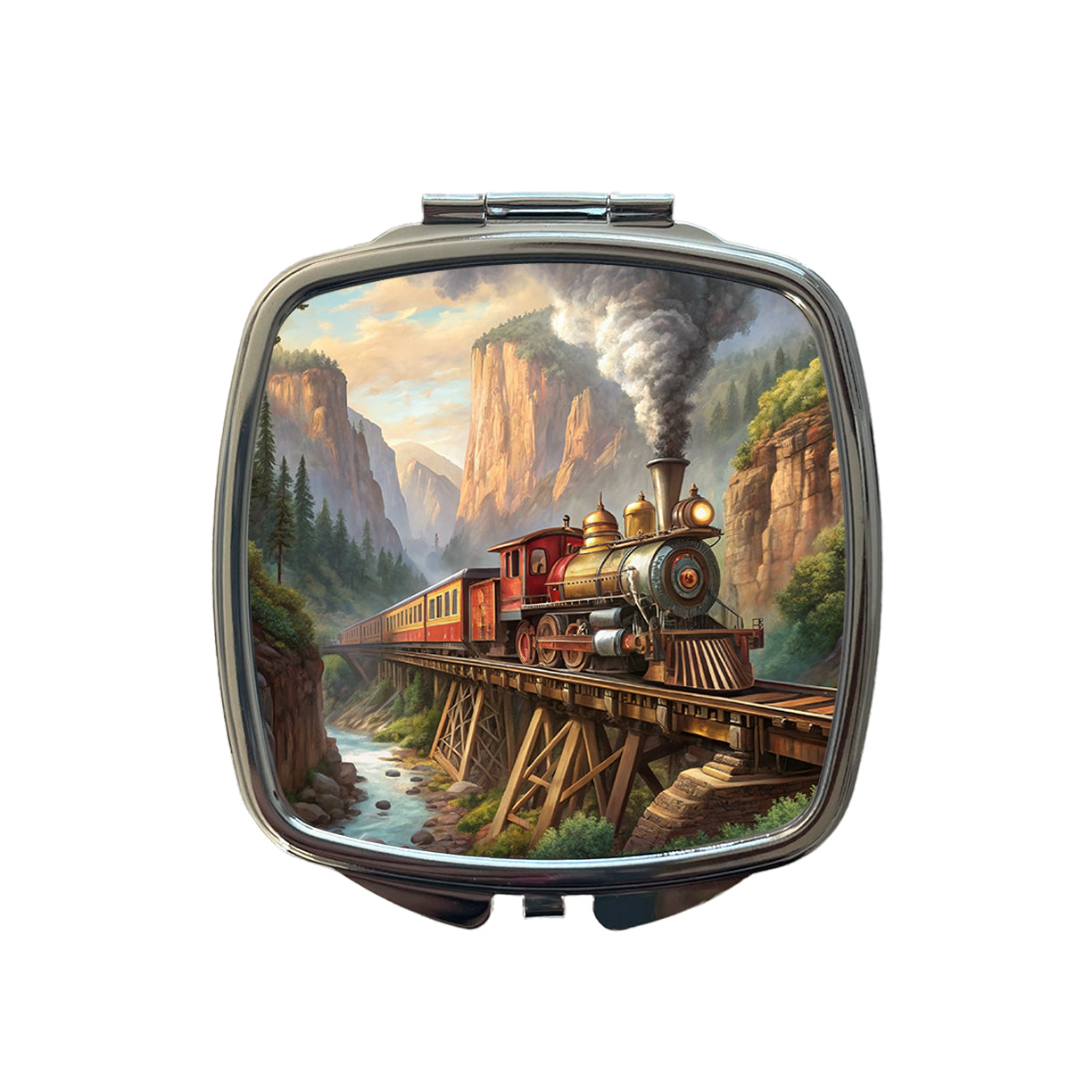 Steam Locomotive Crossing Gorge Old West Western Small Travel Purse Handbag Pocket Makeup Compact Mirror