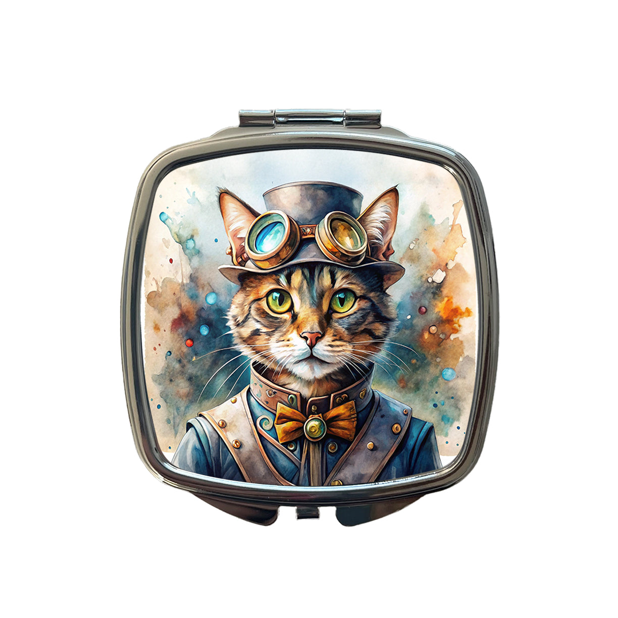 Steampunk Cat Hat and Goggles Watercolor Small Travel Purse Handbag Pocket Makeup Compact Mirror