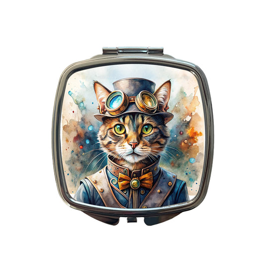 Steampunk Cat Hat and Goggles Watercolor Small Travel Purse Handbag Pocket Makeup Compact Mirror
