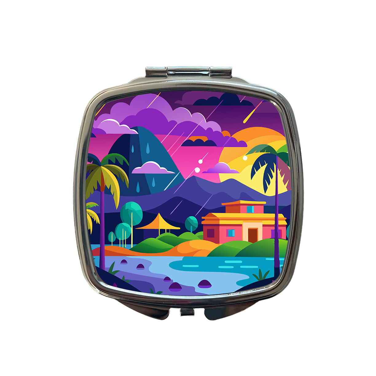 Vibrant Colored Tropical Monsoon Raining Landscape Small Travel Purse Handbag Pocket Makeup Compact Mirror