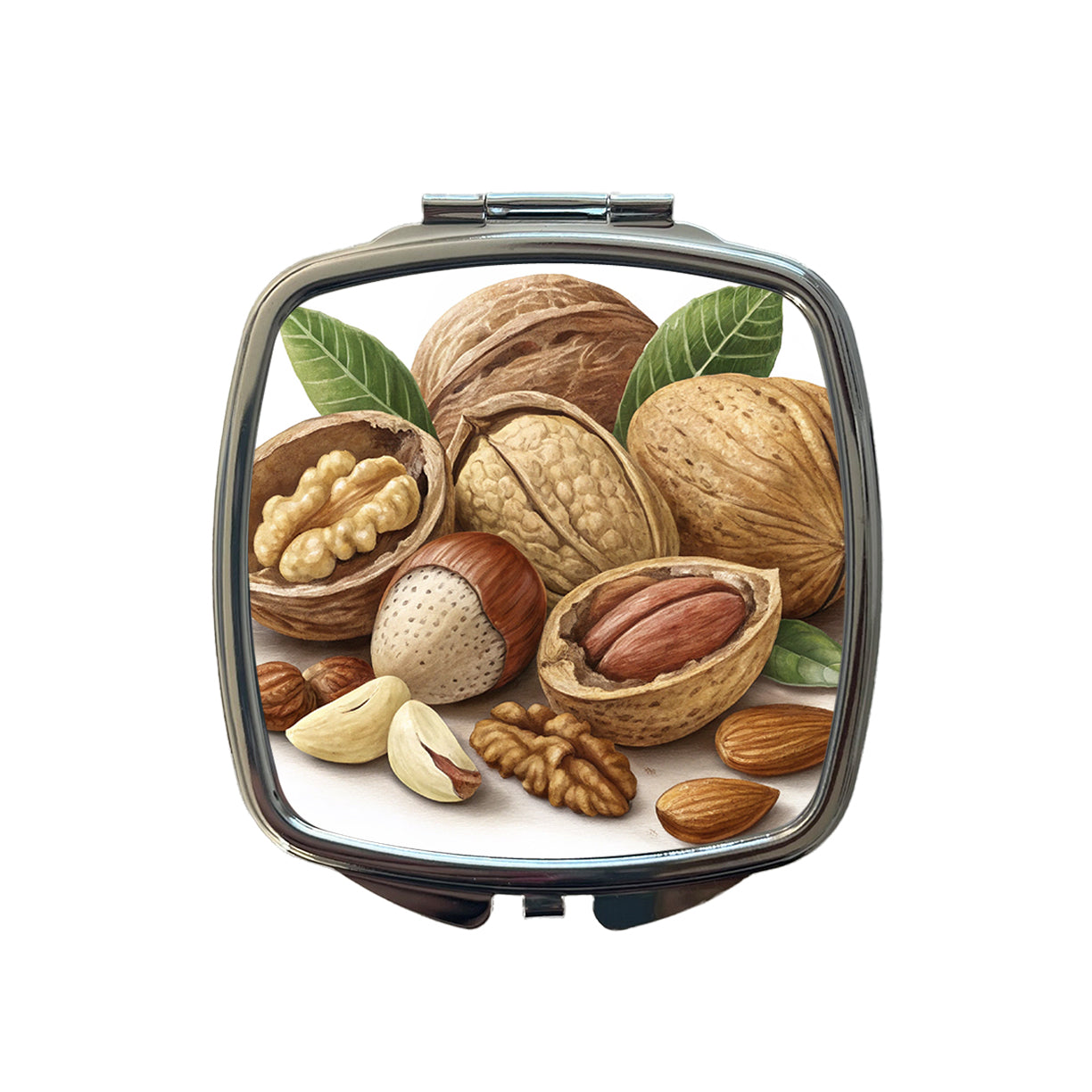 Walnuts Hazelnuts Almonds Brazil Nuts Small Travel Purse Handbag Pocket Makeup Compact Mirror