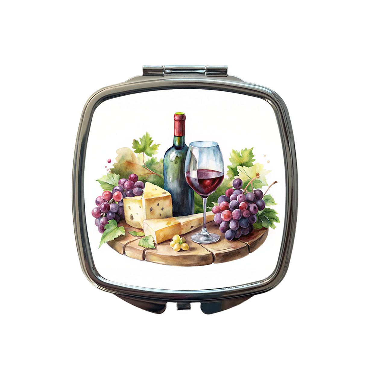 Wine Cheese Grapes on Board Watercolor Small Travel Purse Handbag Pocket Makeup Compact Mirror