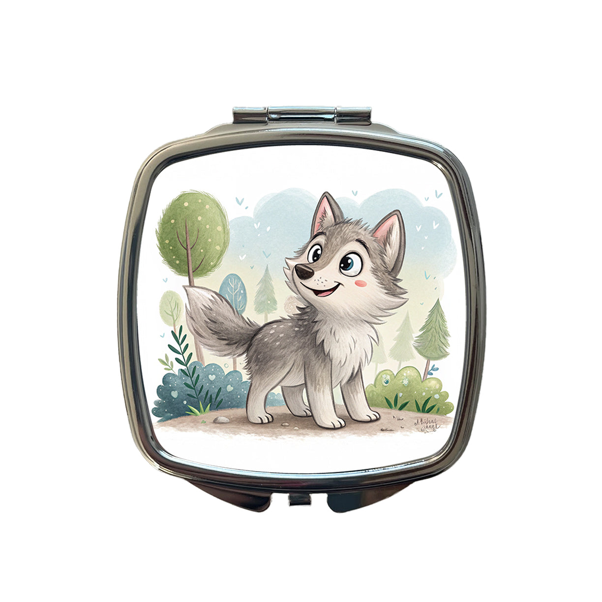 Wolf Children's Illustration Style Small Travel Purse Handbag Pocket Makeup Compact Mirror