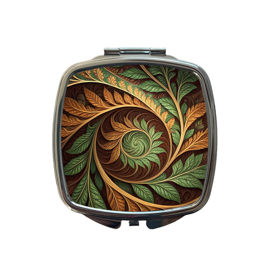 Abstract Brown Green Leaves Swirl Small Travel Purse Handbag Pocket Makeup Compact Mirror