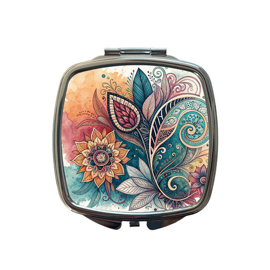 Abstract Deco Floral Leaves Swirl Design Small Travel Purse Handbag Pocket Makeup Compact Mirror