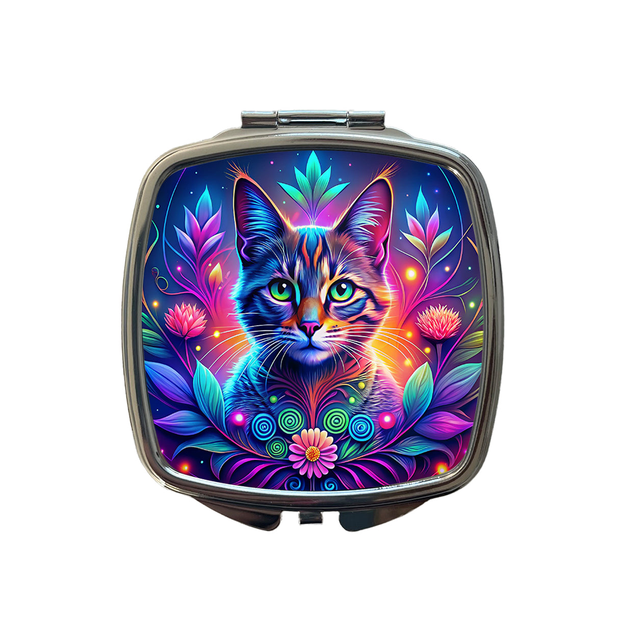 Abstract Neon Cat And Floral Design Small Travel Purse Handbag Pocket Makeup Compact Mirror