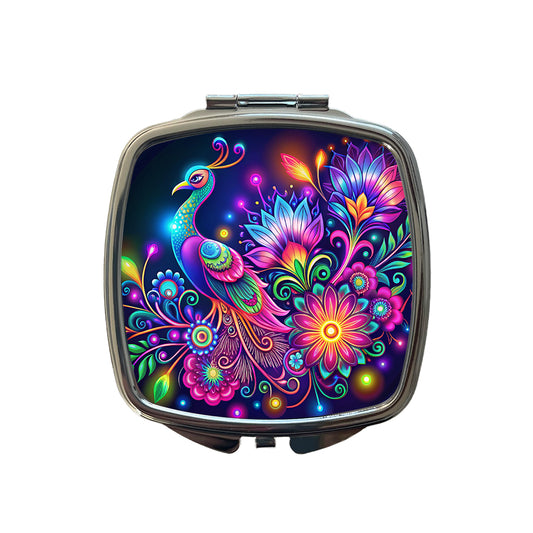 Abstract Neon Peacock Floral Design Small Travel Purse Handbag Pocket Makeup Compact Mirror