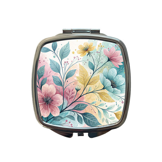 Abstract Pastel Flowers Leaves Design Small Travel Purse Handbag Pocket Makeup Compact Mirror
