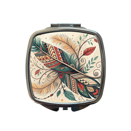 Abstract Southwestern Feather Leaf Design Small Travel Purse Handbag Pocket Makeup Compact Mirror