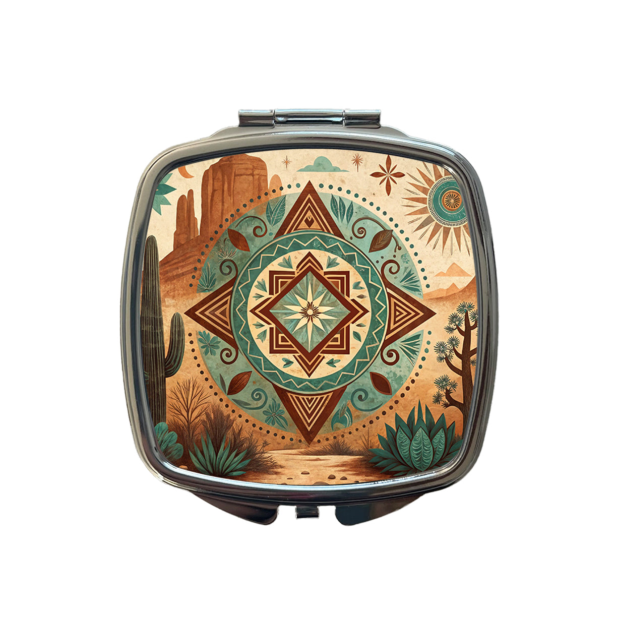 Abstract Southwestern Teal Brown Desert Design Small Travel Purse Handbag Pocket Makeup Compact Mirror