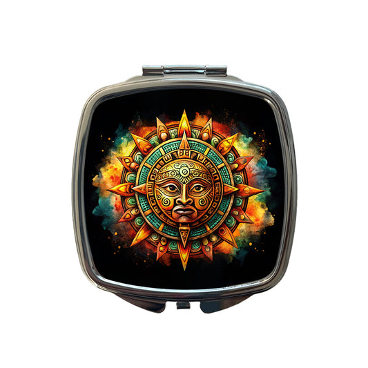 Aztec Sun God Symbol Watercolor Small Travel Purse Handbag Pocket Makeup Compact Mirror