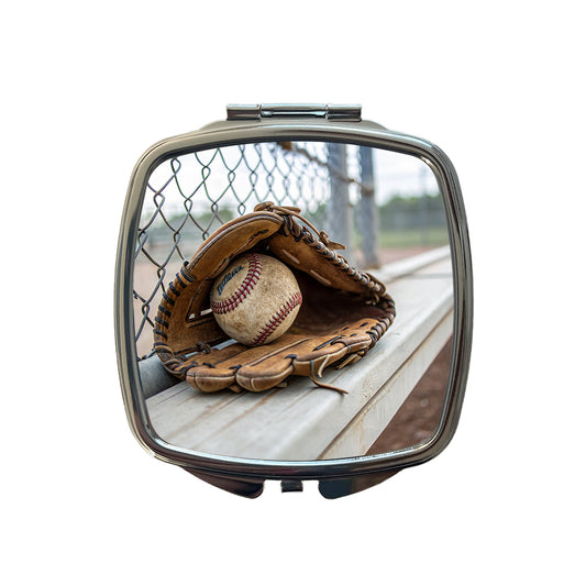 Baseball Glove With Baseball on Dugout Bench Small Travel Purse Handbag Pocket Makeup Compact Mirror