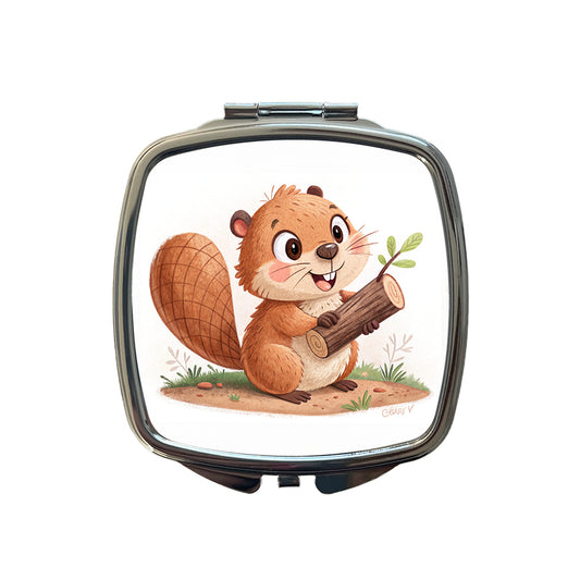 Beaver Children's Illustration Style Small Travel Purse Handbag Pocket Makeup Compact Mirror